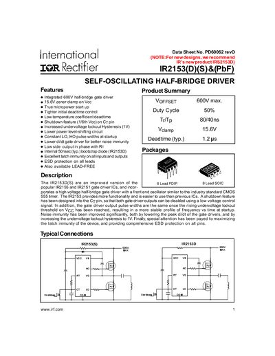 International Rectifier IR2153 Half-Bridge Driver Datasheet - cover page