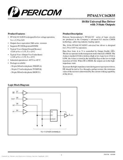Pericom PI74ALVC162835 Datasheet - cover page