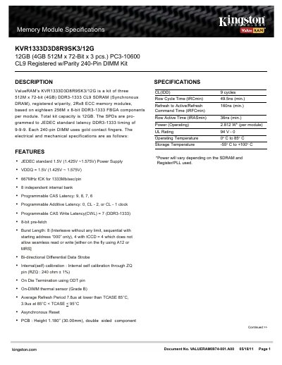 ValueRAM KVR1333D3D8R9SK3/12G 12GB DDR3-1333 Registered ECC Memory Module Kit Datasheet - cover page