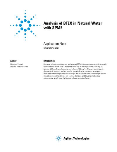 Agilent Analysis of BTEX in Natural Water with SPME Application Note - cover page