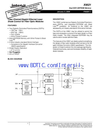 Intersil X9521 Dual Digitally Controlled Potentiometer and EEPROM Memory Datasheet - cover page