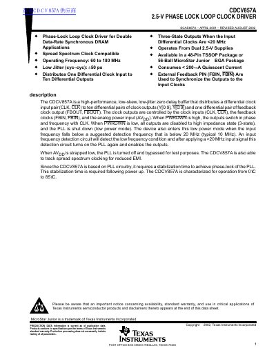 Texas Instruments CDCV857A Phase Lock Loop Clock Driver Datasheet - cover page