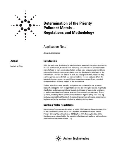 Agilent Application Note: Determination of Priority Pollutant Metals - cover page