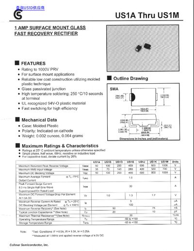Collmer US1A Through US1M 1 Amp Surface Mount Fast Recovery Rectifier Datasheet - cover page