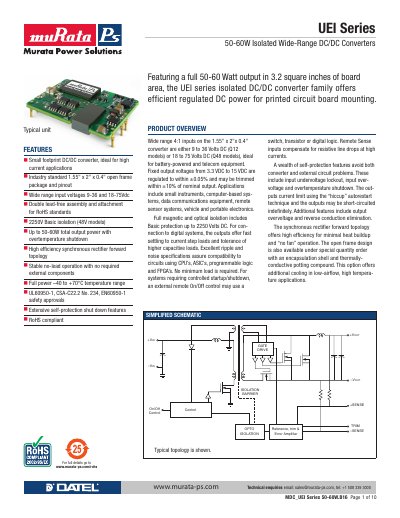 Murata UEI Series 50-60W Isolated DC/DC Converter Datasheet - cover page
