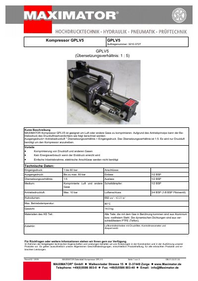 Maximator GPLV5-484 Compressor Datasheet - cover page