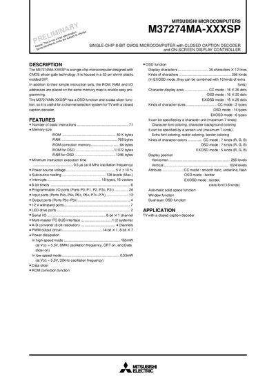 Mitsubishi M37274MA-XXXSP Single-Chip 8-Bit CMOS Microcomputer Datasheet - cover page