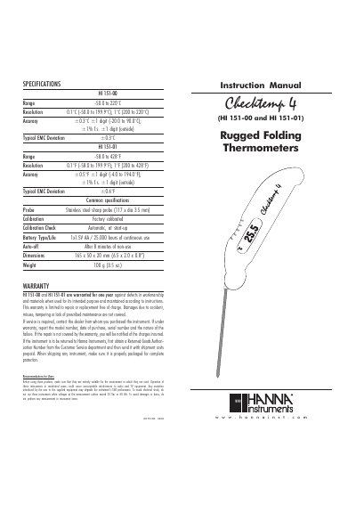 Hanna Instruments HI 151-00/01 Rugged Folding Thermometer Instruction Manual - cover page