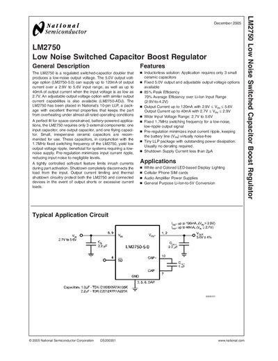 National Semiconductor LM2750 Low Noise Switched Capacitor Boost Regulator Datasheet