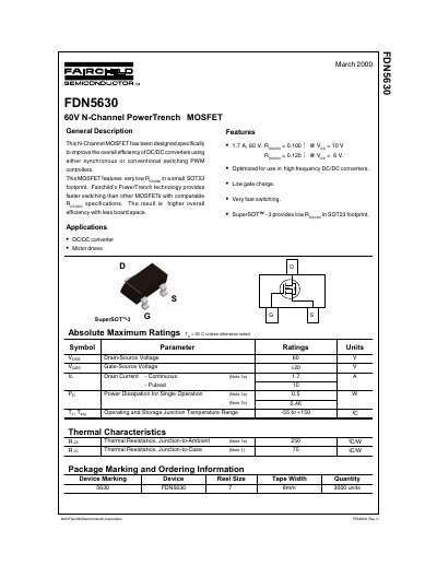 Fairchild FDN5630 N-Channel PowerTrench MOSFET Datasheet - cover page
