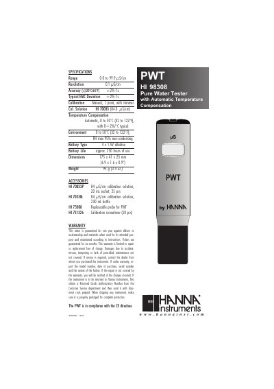 Hanna Instruments HI 98308 Pure Water Tester Manual - cover page