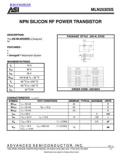 ASI MLN2030SS NPN Silicon RF Power Transistor Datasheet - cover page