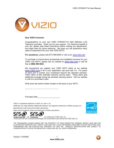 VIZIO VF550XVT1A High Definition LCD Television User Manual - cover page