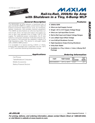 Maxim MAX44265 Op Amp Datasheet - cover page