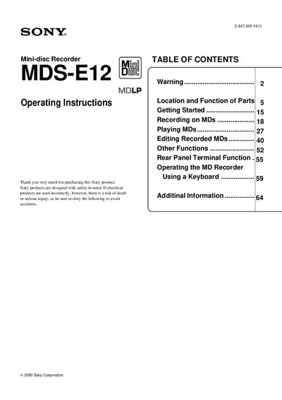 Sony MDS-E12 Mini-disc Recorder User Manual - cover page