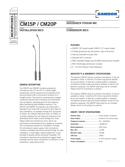 Samson CM15P/CM20P Microphones Product Specification Sheet - cover page