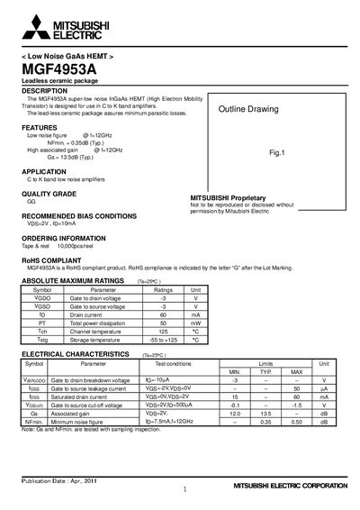 Mitsubishi Electric MGF4953A Low Noise GaAs HEMT Datasheet - cover page