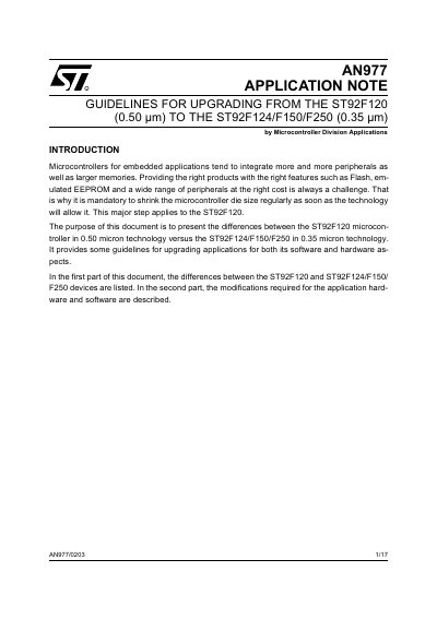 STMicroelectronics AN977 Application Note Guidelines for Upgrading ST92F120 to ST92F124/150/250