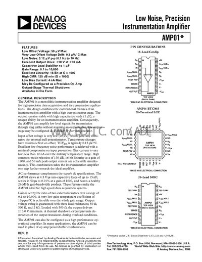 Analog Devices AMP01 Instrumentation Amplifier Datasheet - cover page