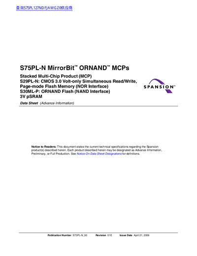 Spansion S75PL-N MirrorBit ORNAND MCPs Data Sheet - cover page