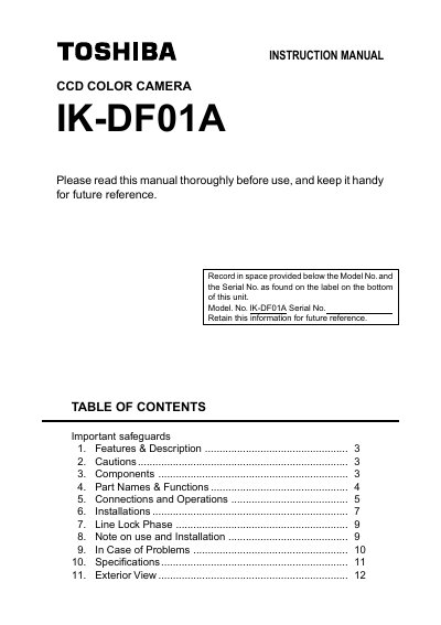 Toshiba IK-DF01A CCD Color Camera Instruction Manual - cover page