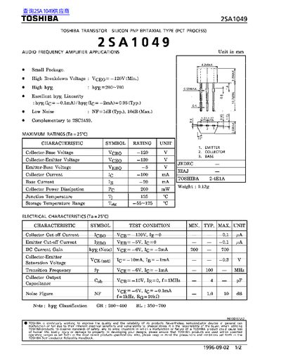 Toshiba 2SA1049 Transistor Datasheet - cover page
