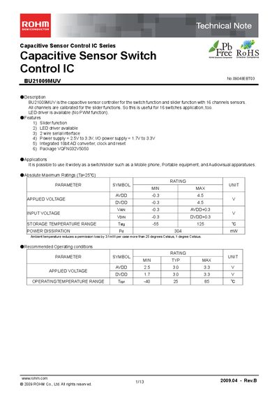 ROHM BU21009MUV Capacitive Sensor Control IC Datasheet - cover page