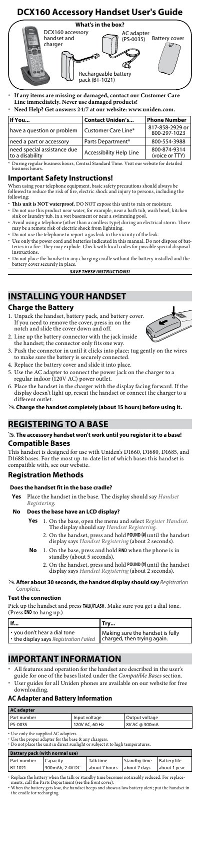 Uniden DCX160 Accessory Handset User's Guide - cover page
