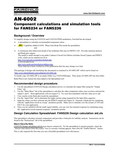 Fairchild Semiconductor AN-6002 Component Calculations and Simulation Tools for FAN5234 or FAN5236 - cover page