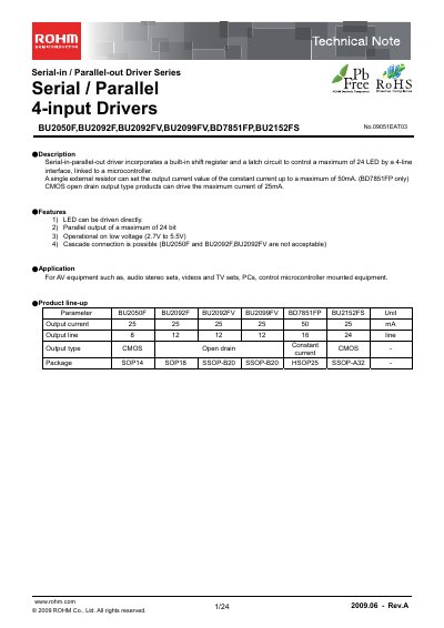 ROHM BU2050F/BU2092F/BU2092FV/BU2099FV/BD7851FP/BU2152FS Serial-In/Parallel-Out Driver Technical Note - cover page