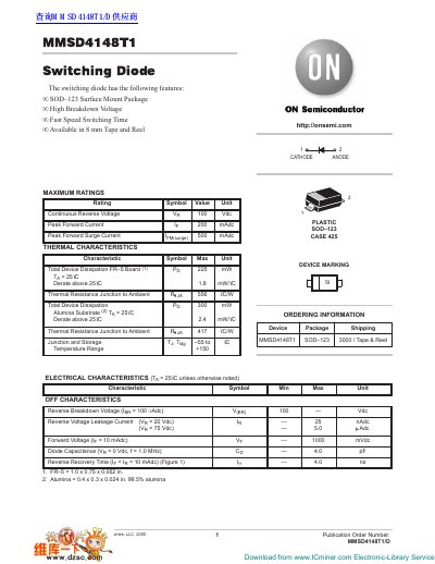 ON Semiconductor MMSD4148T1 Switching Diode Datasheet - cover page