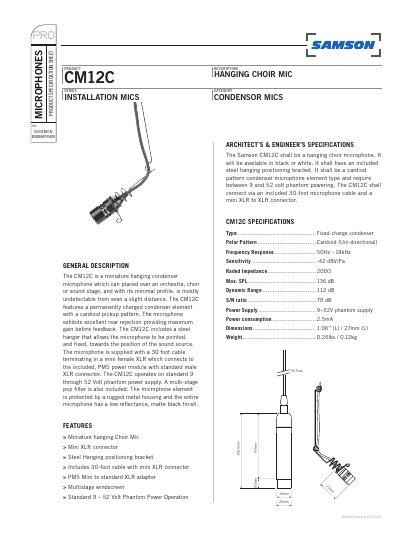 Samson CM12C Hanging Choir Microphone Product Specification Sheet - cover page