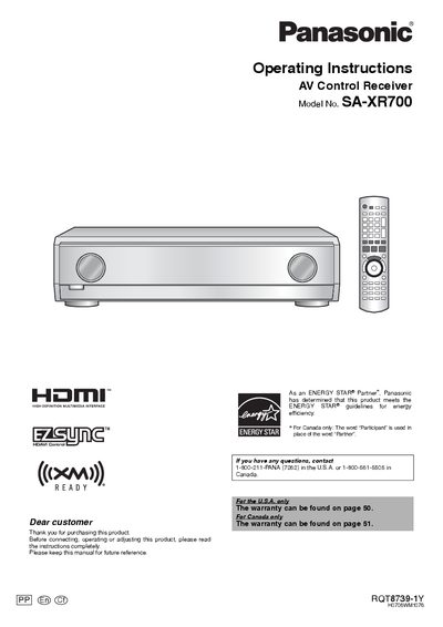 Panasonic SA-XR700 AV Control Receiver Operating Instructions