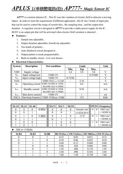 APLUS AP777-Magic Sensor IC DATA SHEET - cover page
