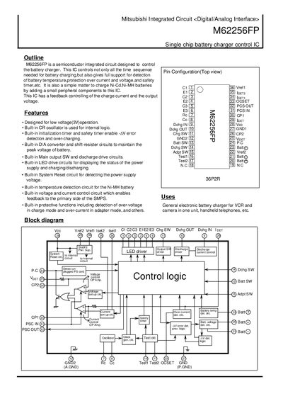 Mitsubishi M62256FP Single Chip Battery Charger Control IC Datasheet - cover page