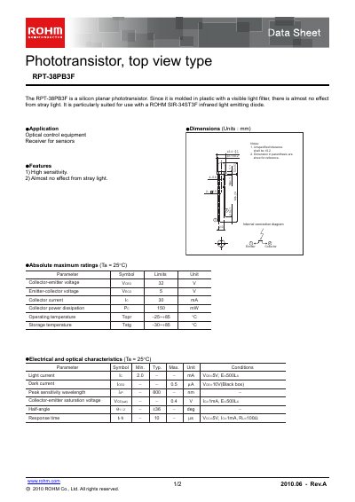 ROHM RPT-38PB3F Phototransistor Data Sheet - cover page
