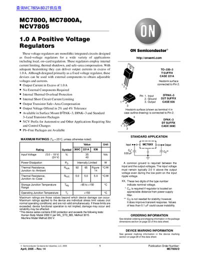 ON Semiconductor MC7800/DMC7800/MC7800A/NCV7805 1.0A Positive Voltage Regulators Datasheet - cover page