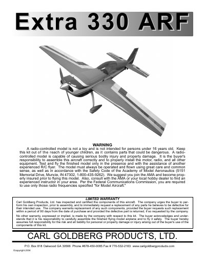 Carl Goldberg Products Extra 330 ARF Assembly and Safety Manual - cover page