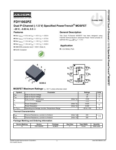 Fairchild FDY1002PZ Dual P-Channel MOSFET Datasheet - cover page