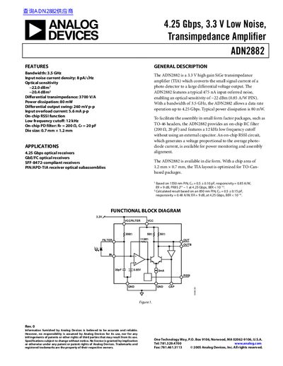 Analog Devices ADN2882 4.25 Gbps Transimpedance Amplifier Datasheet - cover page