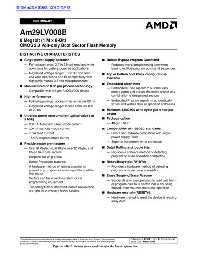 AMD Am29LV008B 8-Megabit Flash Memory Datasheet - cover page