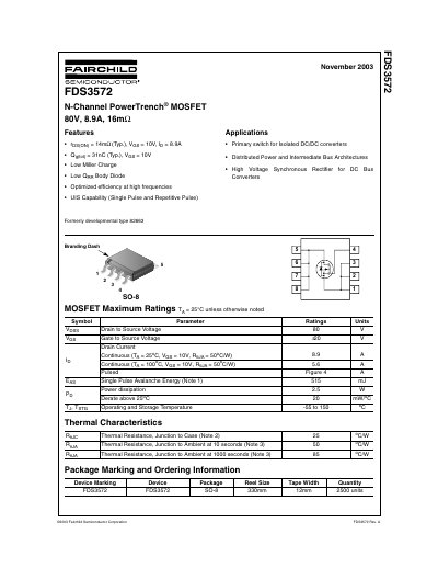 Fairchild FDS3572 N-Channel PowerTrench MOSFET Datasheet - cover page