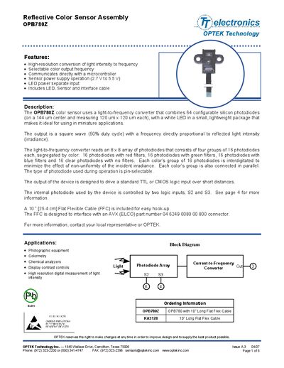 OPTEK OPB780Z Reflective Color Sensor Manual - cover page