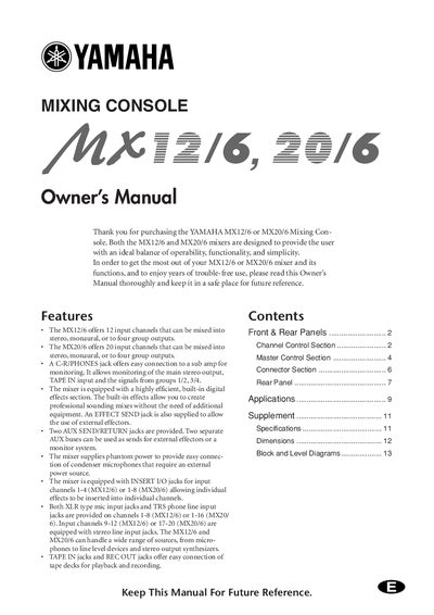 Yamaha MX12/6 MX20/6 Mixing Console Owner's Manual - cover page
