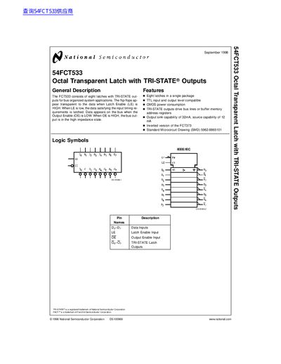 National Semiconductor 54FCT533 Octal Transparent Latch with TRI-STATE Outputs handbook - cover page