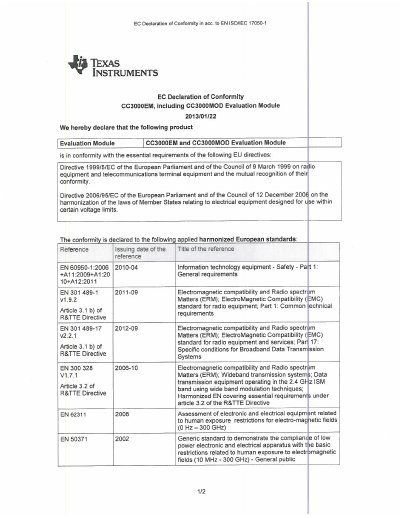 Texas Instruments CC3000 CE Certification Wireless Connection Notice - cover page