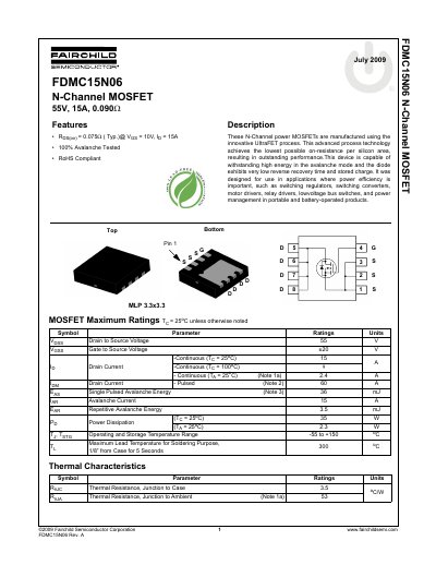 Fairchild Semiconductor FDMC15N06 N-Channel MOSFET Datasheet - cover page