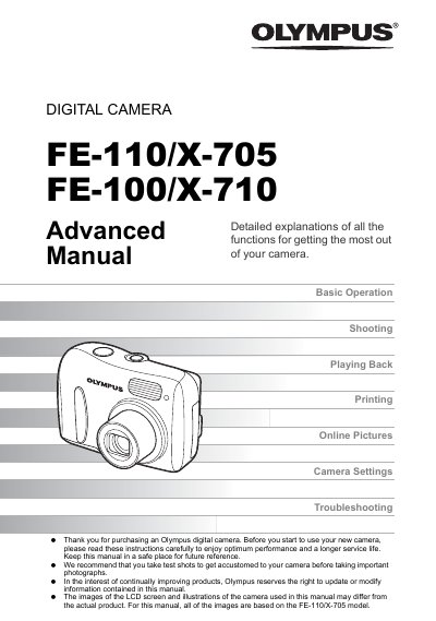 Olympus FE-110/X-705 and FE-100/X-710 Digital Camera Advanced Manual - cover page