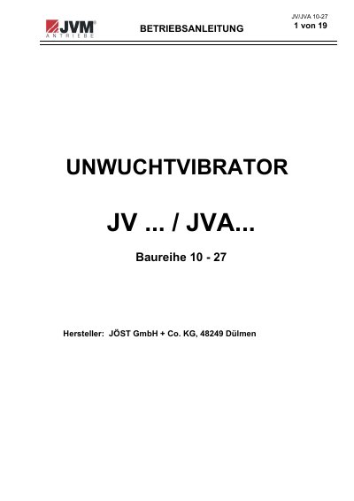 JVM JVJVA 10-27 Unbalance Vibrator Operating Manual - cover page