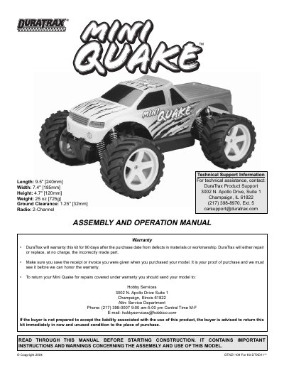 DuraTrax Mini Quake Assembly and Operation Manual - cover page